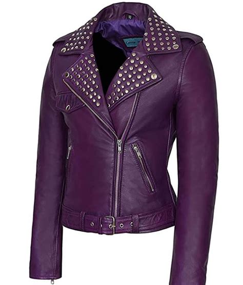 Womens Purple Studded Moto Leather Jacket Jackets Creator
