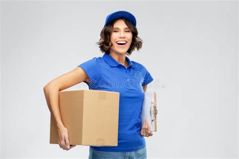 happy delivery girl with parcel box and clipboard stock image image of beautiful pack 183485433