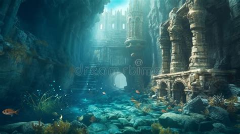 Underwater Ocean Scene With Castle Ruins Of The Atlantic Generative