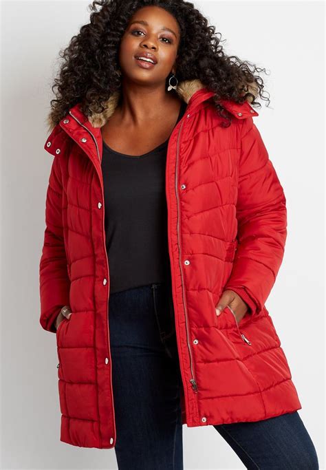 Maurices Plus Size Womens Red Puffer Faux Fur Trim Hooded Outerwear
