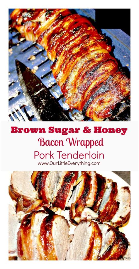 Take a cut of pork and wrap it in a bacon blanky. Brown Sugar and Honey Bacon Wrapped Pork Tenderloin - it ...