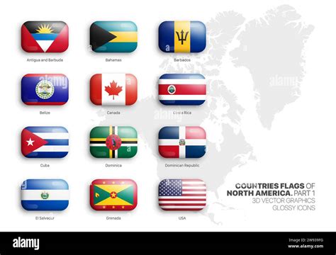 North America Countries Flags 3d Vector Rounded Glossy Icons Set