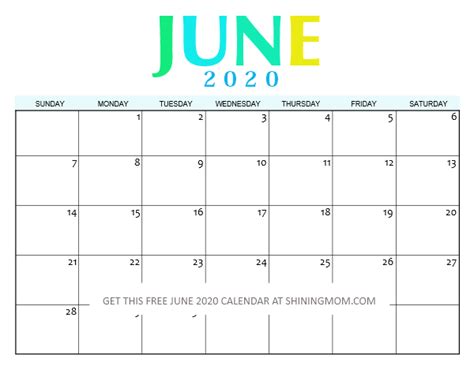 Free Printable June 2020 Calendar 12 Fantastic Designs