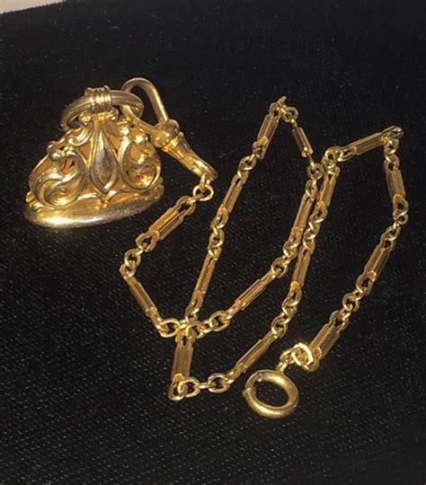 10k Solid Gold Victorian Fob On Gold Filled Watch Chain Necklace Or