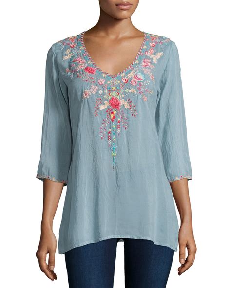 Lyst Johnny Was Swan Embroidered 34 Sleeve Tunic In Blue
