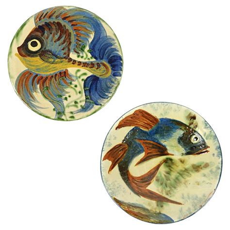 Set Of 3 Ceramic Wall Plates With Fish Decor Signed By Spanish Maker