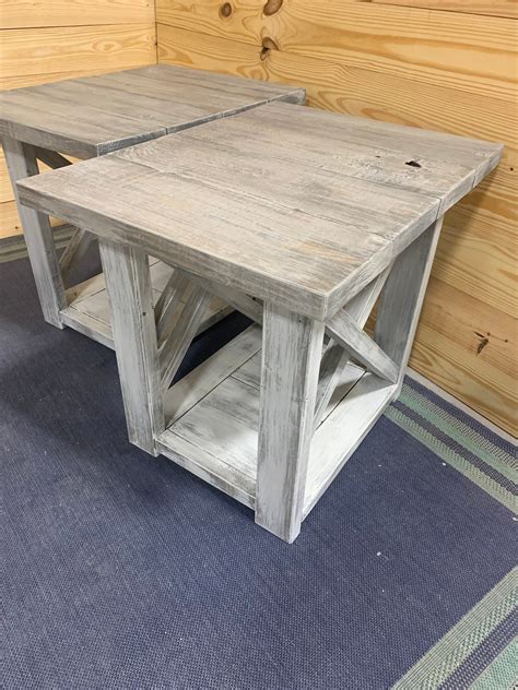 Long Rustic Farmhouse End Tables Gray White Wash Top with a Distressed 