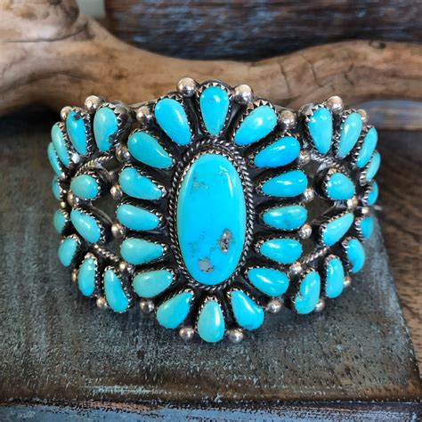 Vintage Navajo Turquoise And Sterling Cluster Cuff