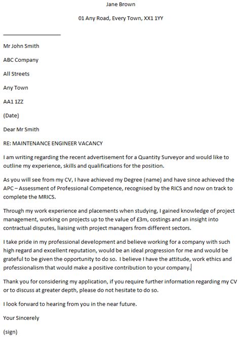 Quantity Surveyor Cover Letter Example