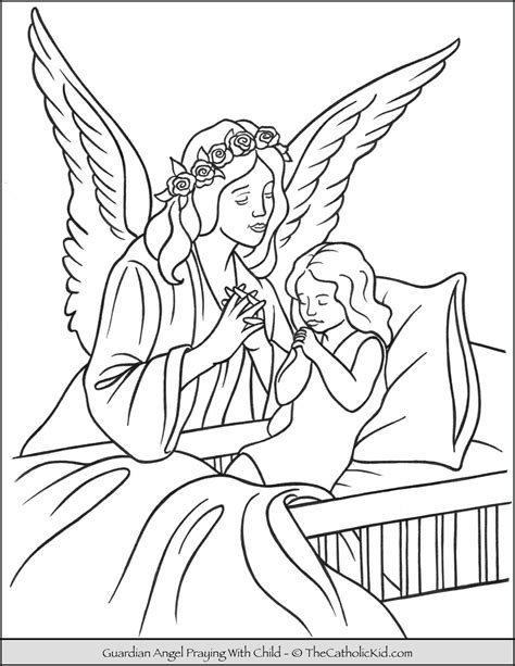Guardian Angel And Child Praying At Bedtime Coloring Page Angel Coloring