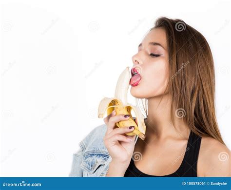 Young Sensual Woman Eating Banana On White Background Provocation Concept Stock Image Image
