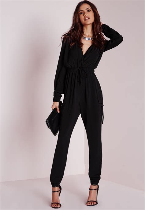 Lyst Missguided Long Sleeve Pocket Detail Jumpsuit Black In Black