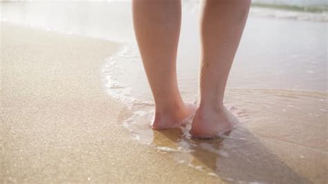 Woman Feet Walking Barefoot On Sandy Beach Of Sea Scenic Summer