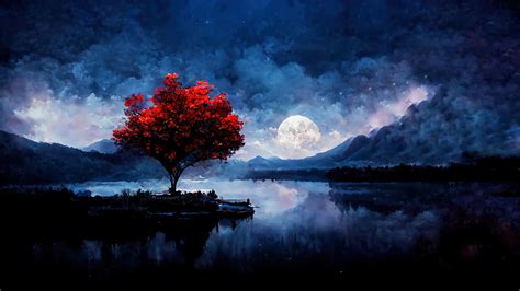 Night Moon Lake Tree Mountain 4k 6831k Wallpaper Pc Desktop