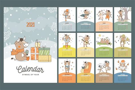 Hand Drawn Cartoon Style Calendar 2021 With Bull Symbol Of The Year