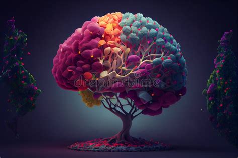 Human Brain Tree With Flowers Self Care And Mental Health Concept