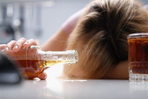 Upset Drunk Woman With Bottle Of Alcohol Close Up Stock Image Image