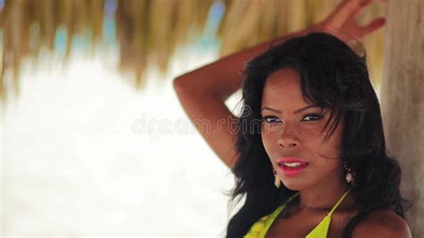 Pretty Black Girl In Yellow Bikini Resting On The Beach Stock Video