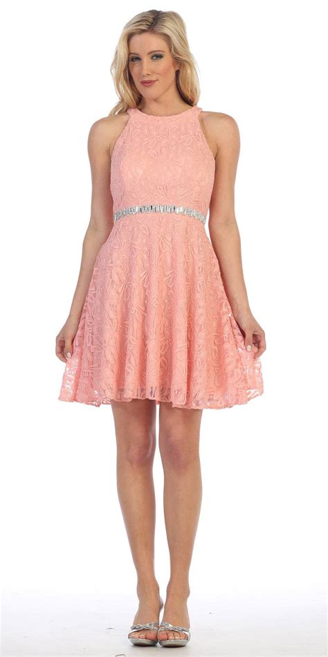Celavie 6301 Lace Round Neck Short Homecoming Halter Dress Blush