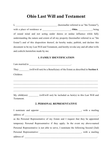 This page has a free example of a printable last will and testament legal form. Last Will and Testament - Ohio Download Printable PDF ...