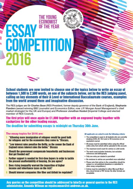 The queen's commonwealth essay competition is the world's oldest schools' international writing competition, established in 1883. Apply! RES Economics Essay Competition 2018