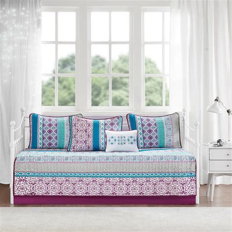 The bedding sets consist of a comforter, three shams, and a bed skirt. Intelligent Design Adley 6-Piece Purple Daybed Bedding Set ...