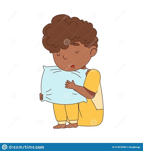 Sleepy Little African American Boy In Pajamas Sitting And Hugging