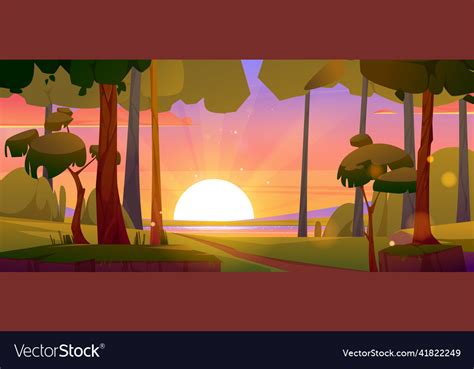 Summer Landscape With Forest And River At Sunset Vector Image
