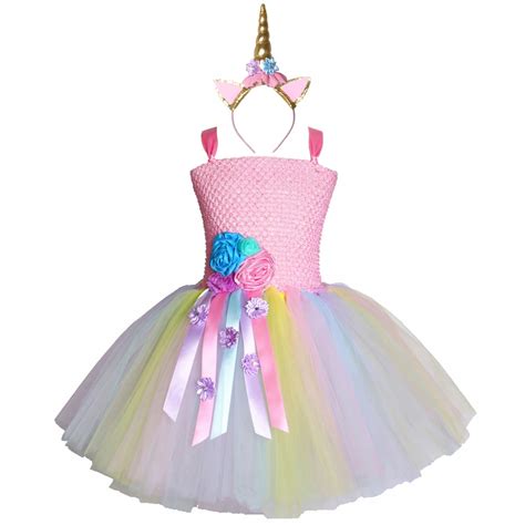 Pastel Girls Flower Unicorn Tutu Dress Sweet Girl Birthday Party Dress