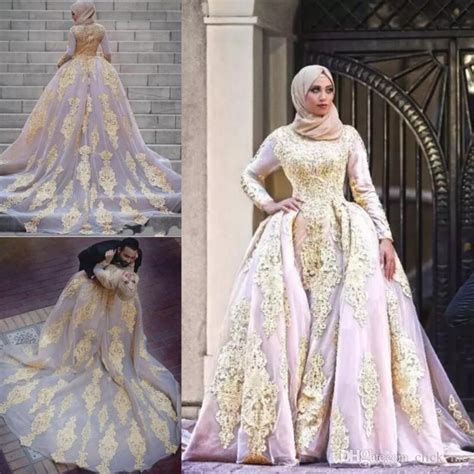 muslim overskirts wedding dresses plus size bridal gowns with detachable train gold lace