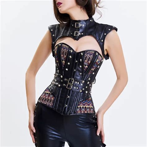 Black Faux Leather Armor Corsets And Bustiers Vintage Steampunk Clothing Women Sexy Corset