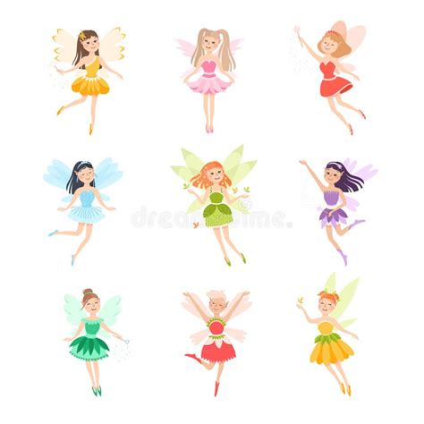 Cute Girls Fairies With Wings Set Lovely Winged Elves Princesses In