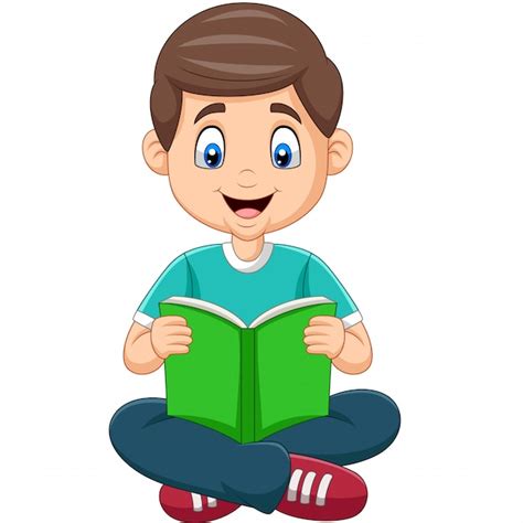 Niño de dibujos animados leyendo un libro Vector Premium