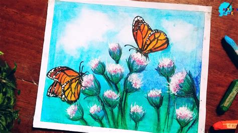 Easy Titi Oil Pastel Drawing Butterflies Sitting On Flowers Scenery