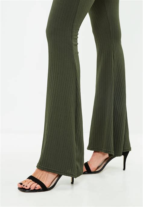 Lyst Missguided Khaki Ribbed Kick Flare Trousers In Green