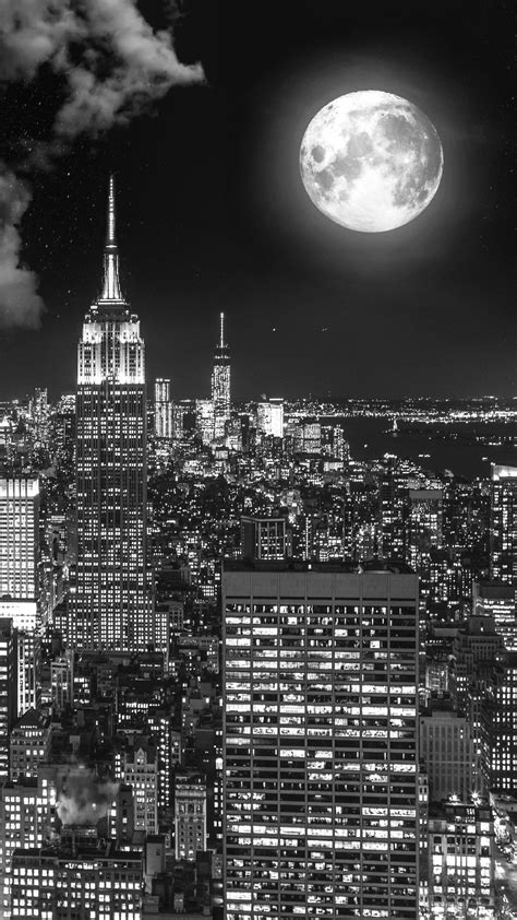 Download Wallpaper 1350x2400 Night City Bw Full Moon New York Usa