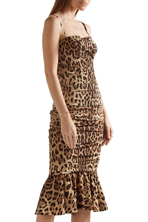 Dolce And Gabbana Ruched Leopard Print Silk Cady Midi Dress It 38