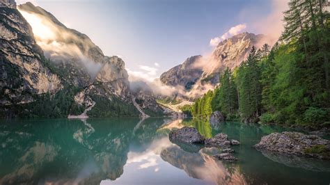 Morning South Tyrol Dolomites Reflection Tree Italy Lake Prags