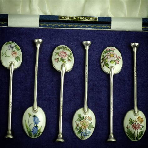 Vintage Sterling Silver Spoons Set Enamrl Flowers Boxed Silver Spoons