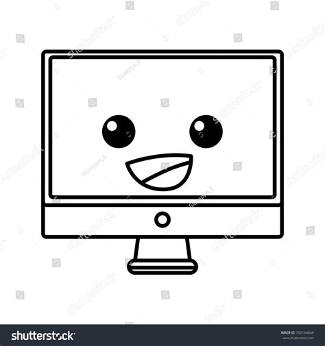 Line Happy Computer Screen Kawaii Cartoon Stock Vector Royalty Free