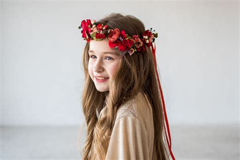48 burgundy red flower crown bridal headpiece flower girl crown red floral crown outdoor