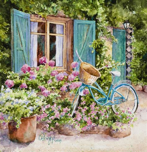 French Country Garden Bicycle Art Watercolor Giclee