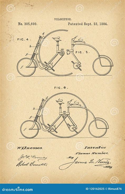 1884 Patent Velocipede Tandem Bicycle Archival History Invention Stock