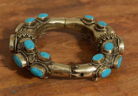 Tibetan Bracelet Silver Turquoise Stone Hand Crafted Blue Silver Round