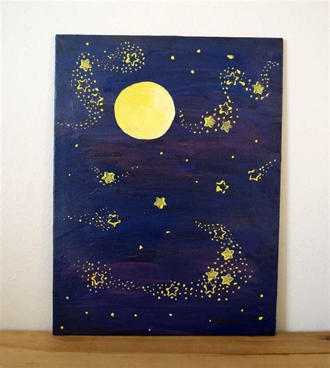 Moon And Stars Original Painting Acrylic And Ink On Canvas Smallbiz