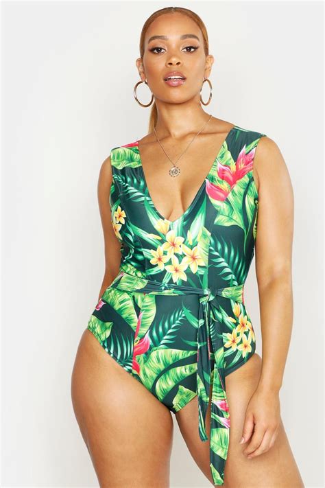 Womens Plus Tropical Tie Waist Plunge Bathing Suit Green 16 Plus Size Bikini Bottoms Women
