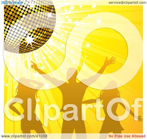 Clipart Illustration Of A Man And Two Women Dancing Under A Gold Disco