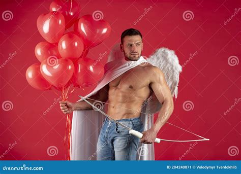 Handsome Angels Valentines Day Muscular Guy Posing As Angel Stock