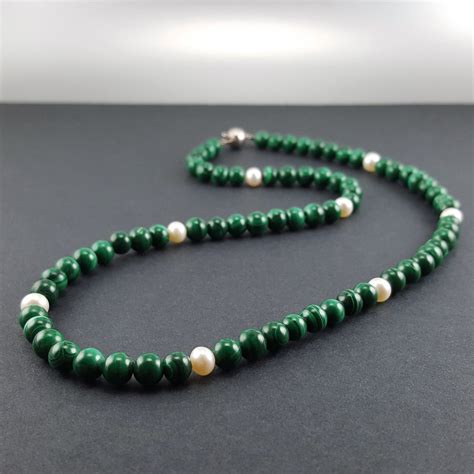 Long Malachite And Pearl Necklace Unique Gift For Her Beaded Etsy Uk