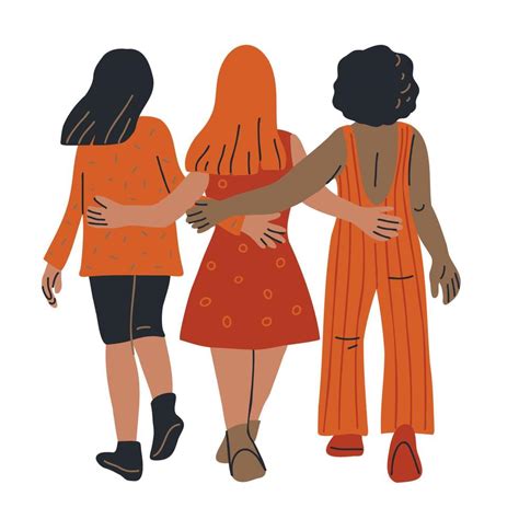 Three Female Friends Walking Together View From Behind Hand Drawn